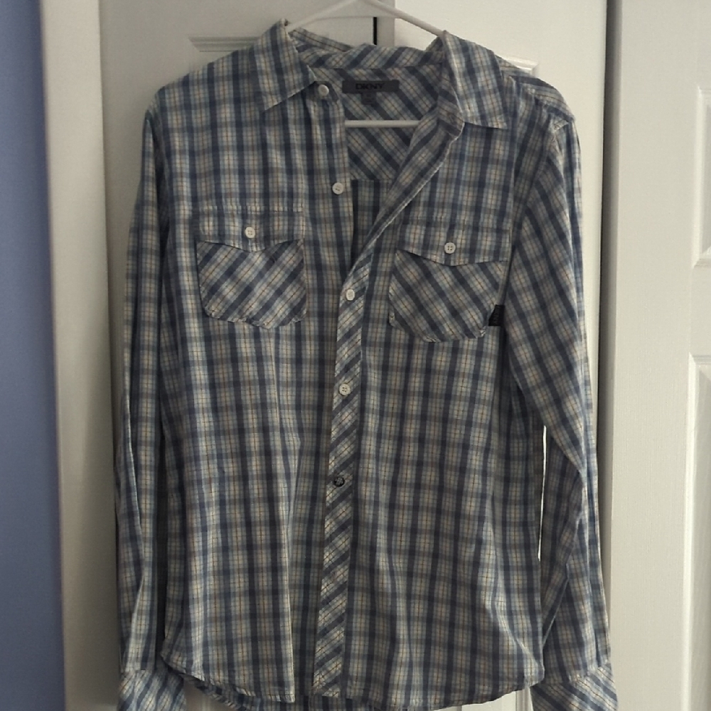 DKNY Women's s Light Blue Checkered Shirt